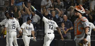 Tampa Bay Rays' Josh Lowe (15) and Junior Caminero (13) celebrate after scoring on a Jonathan Aranda single during the seventh inning of a baseball game against the Baltimore Orioles, Wednesday, June 18, 2025, in Tampa, Fla. (AP Photo/Jason Behnken)