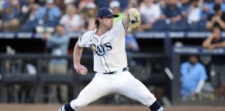 Tampa Bay Rays' Ryan Pepiot pitches to the Baltimore Orioles during the first inning of a baseball game Monday, June 16, 2025, in Tampa, Fla. (AP Photo/Chris O'Meara)