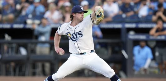 Tampa Bay Rays' Ryan Pepiot pitches to the Baltimore Orioles during the first inning of a baseball game Monday, June 16, 2025, in Tampa, Fla. (AP Photo/Chris O'Meara)
