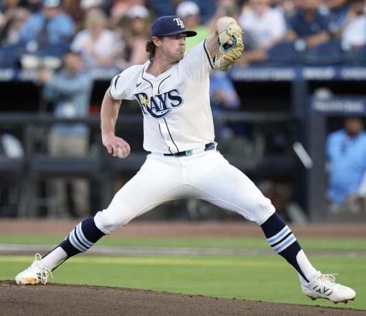 Tampa Bay Rays' Ryan Pepiot pitches to the Baltimore Orioles during the first inning of a baseball game Monday, June 16, 2025, in Tampa, Fla. (AP Photo/Chris O'Meara)