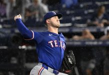 Texas Rangers pitcher Tyler Mahle throws during the second inning of a baseball game against the Tampa Bay Rays, Tuesday, June 3, 2025, in Tampa, Fla. (AP Photo/Jason Behnken)