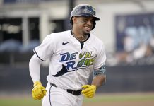 Tampa Bay Rays' Christopher Morel rounds the bases after his home run during the seventh inning of a baseball game against the Detroit Tigers Saturday, June 21, 2025, in Tampa, Fla. (AP Photo/Jason Behnken)
