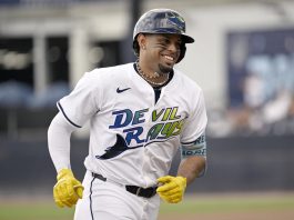 Tampa Bay Rays' Christopher Morel rounds the bases after his home run during the seventh inning of a baseball game against the Detroit Tigers Saturday, June 21, 2025, in Tampa, Fla. (AP Photo/Jason Behnken)