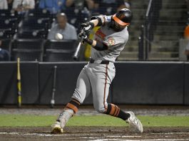 Baltimore Orioles' Colton Cowser hits a three-run home run during the sixth inning of a baseball game against the Tampa Bay Rays, Thursday, June 19, 2025, in Tampa, Fla. (AP Photo/Jason Behnken)