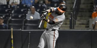 Baltimore Orioles' Colton Cowser hits a three-run home run during the sixth inning of a baseball game against the Tampa Bay Rays, Thursday, June 19, 2025, in Tampa, Fla. (AP Photo/Jason Behnken)