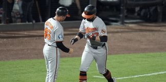 alt="Baltimore Orioles' Colton Cowser (17) celebrates with interim third base/infield coach Buck Britton (46) after his solo home run off Tampa Bay Rays pitcher Zack Littell during the fifth inning of a baseball game Tuesday, June 17, 2025, in Tampa, Fla. (AP Photo/Chris O'Meara)"