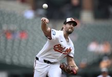 Baltimore Orioles starting pitcher Dean Kremer throws during the first inning of a baseball game against the Tampa Bay Rays, Sunday, June 29, 2025, in Baltimore. (AP Photo/Nick Wass)