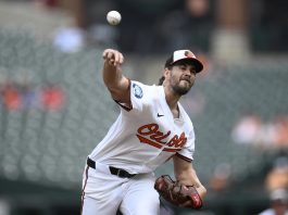 Baltimore Orioles starting pitcher Dean Kremer throws during the first inning of a baseball game against the Tampa Bay Rays, Sunday, June 29, 2025, in Baltimore. (AP Photo/Nick Wass)