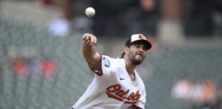 Baltimore Orioles starting pitcher Dean Kremer throws during the first inning of a baseball game against the Tampa Bay Rays, Sunday, June 29, 2025, in Baltimore. (AP Photo/Nick Wass)