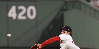 Boston Red Sox outfielder Roman Anthony makes the catch on a fly out by Tampa Bay Rays' Jonathan Aranda during the sixth inning of a baseball game at Fenway Park, Tuesday, June 10, 2025, in Boston. (AP Photo/Charles Krupa)