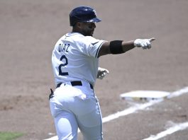 Tampa Bay Rays' Yandy Díaz (2) reacts after hitting a two-run home run during the fifth inning of a baseball game against the Miami Marlins, Sunday, June 8, 2025 in Tampa, Fla. (AP Photo/Phelan M. Ebenhack)