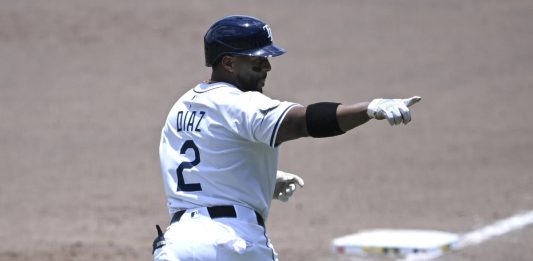Tampa Bay Rays' Yandy Díaz (2) reacts after hitting a two-run home run during the fifth inning of a baseball game against the Miami Marlins, Sunday, June 8, 2025 in Tampa, Fla. (AP Photo/Phelan M. Ebenhack)