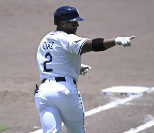 Tampa Bay Rays' Yandy Díaz (2) reacts after hitting a two-run home run during the fifth inning of a baseball game against the Miami Marlins, Sunday, June 8, 2025 in Tampa, Fla. (AP Photo/Phelan M. Ebenhack)
