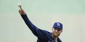 Rasmussen during the second inning of a baseball game, Wednesday, June 25, 2025, in Kansas City, Mo. (AP Photo/Charlie Riedel)