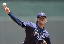 Tampa Bay Rays starting pitcher Shane Baz throws during the first inning of a baseball game against the Kansas City Royals, Thursday, June 26, 2025, in Kansas City, Mo. (AP Photo/Charlie Riedel)