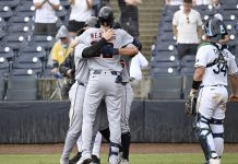 Tampa Bay Rays catcher Matt Thaiss (34) looks away as Detroit Tigers' Parker Meadows celebrates his three-run home run during the ninth inning of a baseball game against the Tampa Bay Rays, Sunday, June 22, 2025, in Tampa, Fla. (AP Photo/Jason Behnken)
