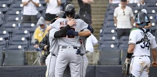 Tampa Bay Rays catcher Matt Thaiss (34) looks away as Detroit Tigers' Parker Meadows celebrates his three-run home run during the ninth inning of a baseball game against the Tampa Bay Rays, Sunday, June 22, 2025, in Tampa, Fla. (AP Photo/Jason Behnken)