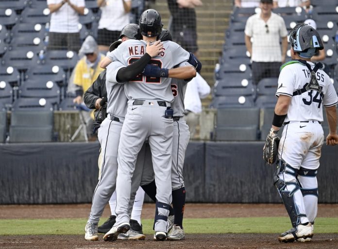 Tigers Defeat Rays 9-3 Tampa Bay Rays catcher Matt Thaiss (34) looks away as Detroit Tigers' Parker Meadows celebrates his three-run home run during the ninth inning of a baseball game against the Tampa Bay Rays, Sunday, June 22, 2025, in Tampa, Fla. (AP Photo/Jason Behnken)