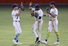 Tampa Bay Rays outfielders Jake Mangum, left, Chandler Simpson and Josh Lowe, right, celebrate their win against the Baltimore Orioles in a baseball game, Saturday, July 19, 2025, in Tampa, Fla. (AP Photo/Phelan M. Ebenhack)
