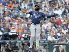 Tampa Bay Rays' Junior Caminero celebrates his home run against the Detroit Tigers during the seventh inning of a baseball game Wednesday, July 9, 2025, in Detroit. (AP Photo/Duane Burleson)