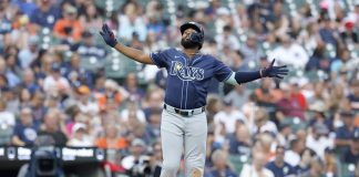 Tampa Bay Rays' Junior Caminero celebrates his home run against the Detroit Tigers during the seventh inning of a baseball game Wednesday, July 9, 2025, in Detroit. (AP Photo/Duane Burleson)