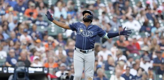 Tampa Bay Rays' Junior Caminero celebrates his home run against the Detroit Tigers during the seventh inning of a baseball game Wednesday, July 9, 2025, in Detroit. (AP Photo/Duane Burleson)