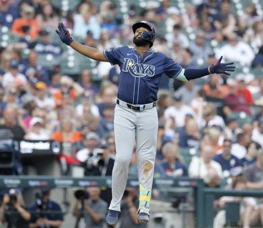 Tampa Bay Rays' Junior Caminero celebrates his home run against the Detroit Tigers during the seventh inning of a baseball game Wednesday, July 9, 2025, in Detroit. (AP Photo/Duane Burleson)