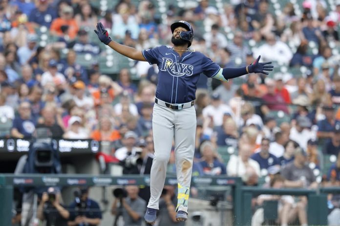 Rays Defeat Tigers 7-3 Tampa Bay Rays' Junior Caminero celebrates his home run against the Detroit Tigers during the seventh inning of a baseball game Wednesday, July 9, 2025, in Detroit. (AP Photo/Duane Burleson)