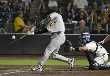 Athletics' Austin Wynns (29) hits a sacrifice fly during the 10th inning of a baseball game against the Tampa Bay Rays, Tuesday, July 1, 2025, in Tampa, Fla. (AP Photo/Jason Behnken)