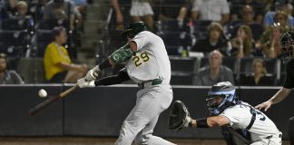 Athletics' Austin Wynns (29) hits a sacrifice fly during the 10th inning of a baseball game against the Tampa Bay Rays, Tuesday, July 1, 2025, in Tampa, Fla. (AP Photo/Jason Behnken)