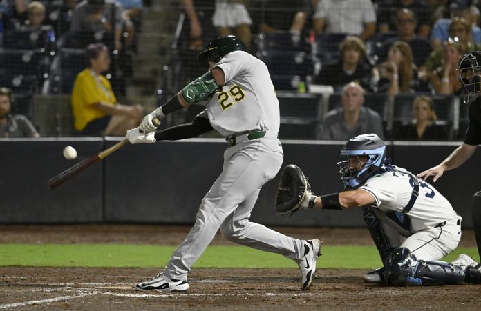 Athletics' Austin Wynns (29) hits a sacrifice fly during the 10th inning of a baseball game against the Tampa Bay Rays, Tuesday, July 1, 2025, in Tampa, Fla. (AP Photo/Jason Behnken)