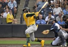 Athletics' Shea Langeliers hits a three-run home run during the first inning of a baseball game against the Tampa Bay Rays, Monday, June 30, 2025, in Tampa, Fla. (AP Photo/Jason Behnken)