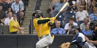 Athletics' Shea Langeliers hits a three-run home run during the first inning of a baseball game against the Tampa Bay Rays, Monday, June 30, 2025, in Tampa, Fla. (AP Photo/Jason Behnken)