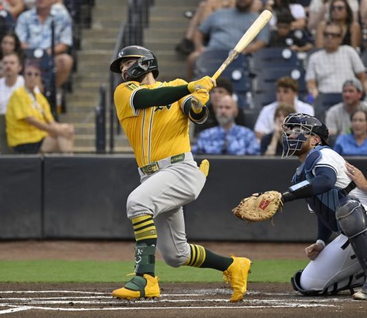 Athletics' Shea Langeliers hits a three-run home run during the first inning of a baseball game against the Tampa Bay Rays, Monday, June 30, 2025, in Tampa, Fla. (AP Photo/Jason Behnken)