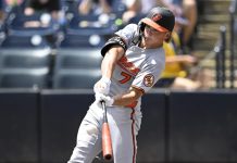 Baltimore Orioles' Jackson Holliday hits a solo home run during the first inning of a baseball game against the Tampa Bay Rays, Sunday, July 20, 2025, in Tampa, Fla. (AP Photo/Phelan M. Ebenhack