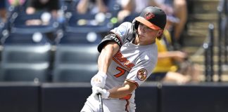 Baltimore Orioles' Jackson Holliday hits a solo home run during the first inning of a baseball game against the Tampa Bay Rays, Sunday, July 20, 2025, in Tampa, Fla. (AP Photo/Phelan M. Ebenhack