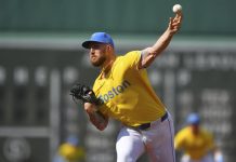 Boston Red Sox's Garrett Crochet delivers a pitch to a Tampa Bay Rays batter in the first inning of a baseball game, Saturday, July 12, 2025, in Boston. (AP Photo/Steven Senne)