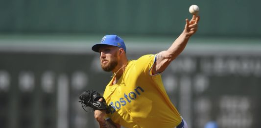 Boston Red Sox's Garrett Crochet delivers a pitch to a Tampa Bay Rays batter in the first inning of a baseball game, Saturday, July 12, 2025, in Boston. (AP Photo/Steven Senne)