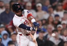 Boston Red Sox's Ceddanne Rafaela connects for a two RBI single against the Tampa Bay Rays during the seventh inning of a baseball game at Fenway Park, Thursday, July 10, 2025, in Boston. (AP Photo/Charles Krupa)