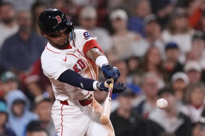 Rays Fall To Red Sox 4-3 JULY 10 Boston Red Sox's Ceddanne Rafaela connects for a two RBI single against the Tampa Bay Rays during the seventh inning of a baseball game at Fenway Park, Thursday, July 10, 2025, in Boston. (AP Photo/Charles Krupa)
