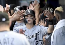 Chicago White Sox's Brooks Baldwin celebrates after his three-run home run during the second inning of a baseball game against the Tampa Bay Rays, Monday, July 21, 2025, in Tampa, Fla. (AP Photo/Jason Behnken)