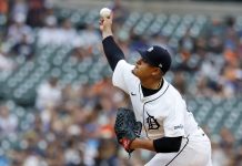 Detroit Tigers' Keider Montero pitches against the Tampa Bay Rays during the first inning of a baseball game Monday, July 7, 2025, in Detroit. (AP Photo/Duane Burleson)