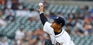 Detroit Tigers' Keider Montero pitches against the Tampa Bay Rays during the first inning of a baseball game Monday, July 7, 2025, in Detroit. (AP Photo/Duane Burleson)