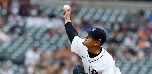 Detroit Tigers' Keider Montero pitches against the Tampa Bay Rays during the first inning of a baseball game Monday, July 7, 2025, in Detroit. (AP Photo/Duane Burleson)