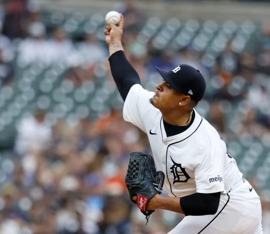 Detroit Tigers' Keider Montero pitches against the Tampa Bay Rays during the first inning of a baseball game Monday, July 7, 2025, in Detroit. (AP Photo/Duane Burleson)