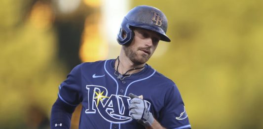 Tampa Bay Rays' Brandon Lowe jogs around the bases after hitting a two-run home run during the second inning of a baseball game against the Athletics, Wednesday, Aug. 13, 2025, in West Sacramento, Calif. (AP Photo/Scott Marshall)