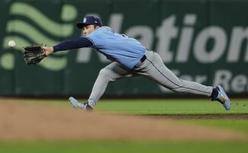 Tampa Bay Rays shortstop Ha-Seong Kim catches a line drive hit by San Francisco Giants' Dominic Smith to end the eighth inning of a baseball game, Saturday, Aug. 16, 2025, in San Francisco. (AP Photo/Godofredo A. Vásquez)