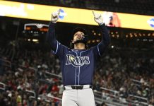 Tampa Bay Rays' Everson Pereira, celebrates his home run during the fifth inning of a baseball game against the Washington Nationals, Friday, Aug. 29, 2025, in Washington. (AP Photo/Nick Wass)