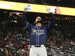 Tampa Bay Rays' Everson Pereira, celebrates his home run during the fifth inning of a baseball game against the Washington Nationals, Friday, Aug. 29, 2025, in Washington. (AP Photo/Nick Wass)