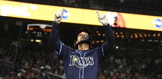 Tampa Bay Rays' Everson Pereira, celebrates his home run during the fifth inning of a baseball game against the Washington Nationals, Friday, Aug. 29, 2025, in Washington. (AP Photo/Nick Wass)